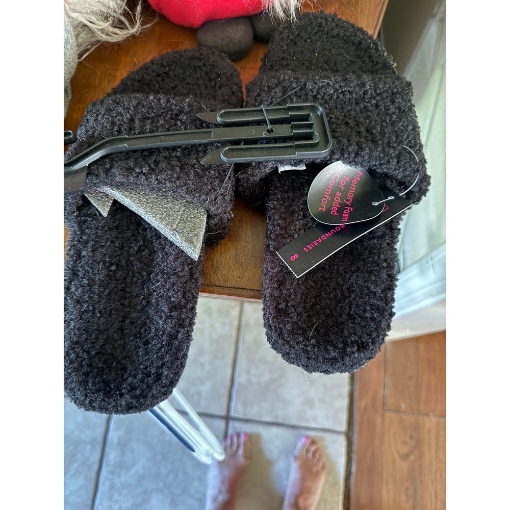 No Boundaries Womens Black Sherpa Slide Slippers Memory Foam Size 8 NWT